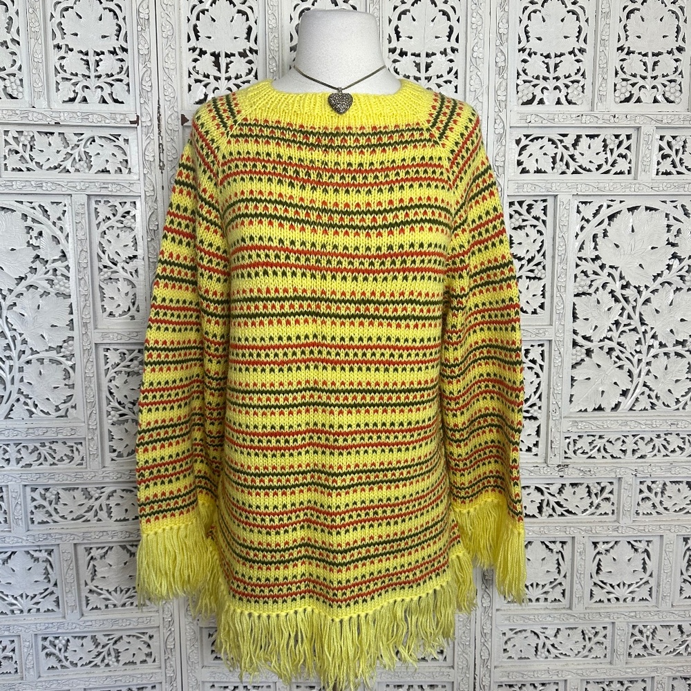 Handmade Knit Colorful Patchwork Colorblock‎ Chunky Bell Sleeve Sweater Sz Large